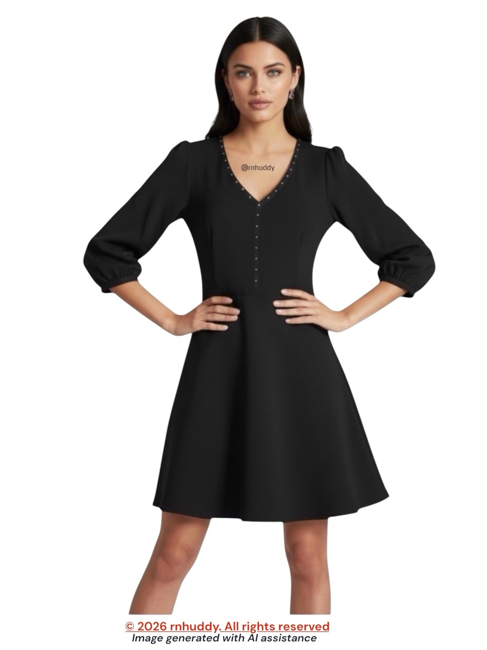 Karl Lagerfeld size 8 black 3/4 Balloon Sleeve Studded Fit & Flare Dress - Picture 1 of 10